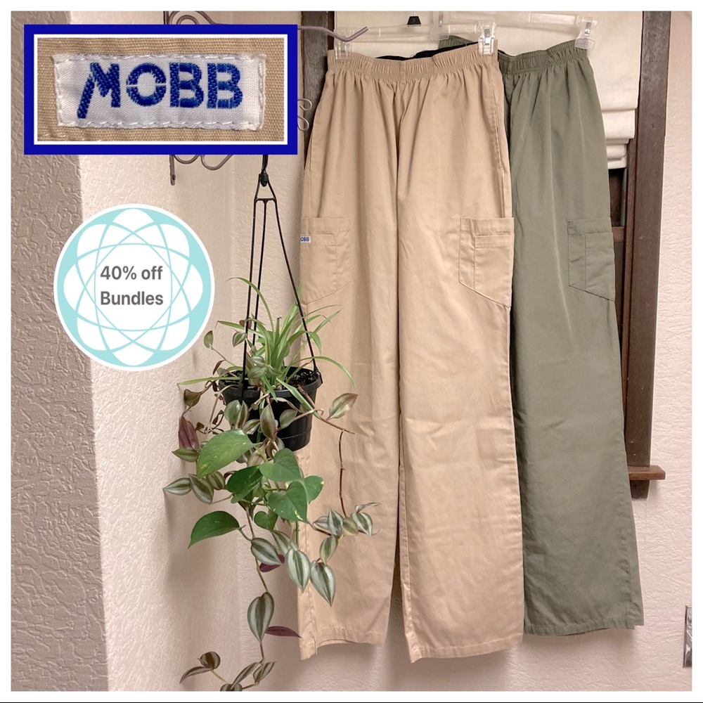 2 pair Mobb scrub pants, women’s medium tall, khaki & olive, wide leg